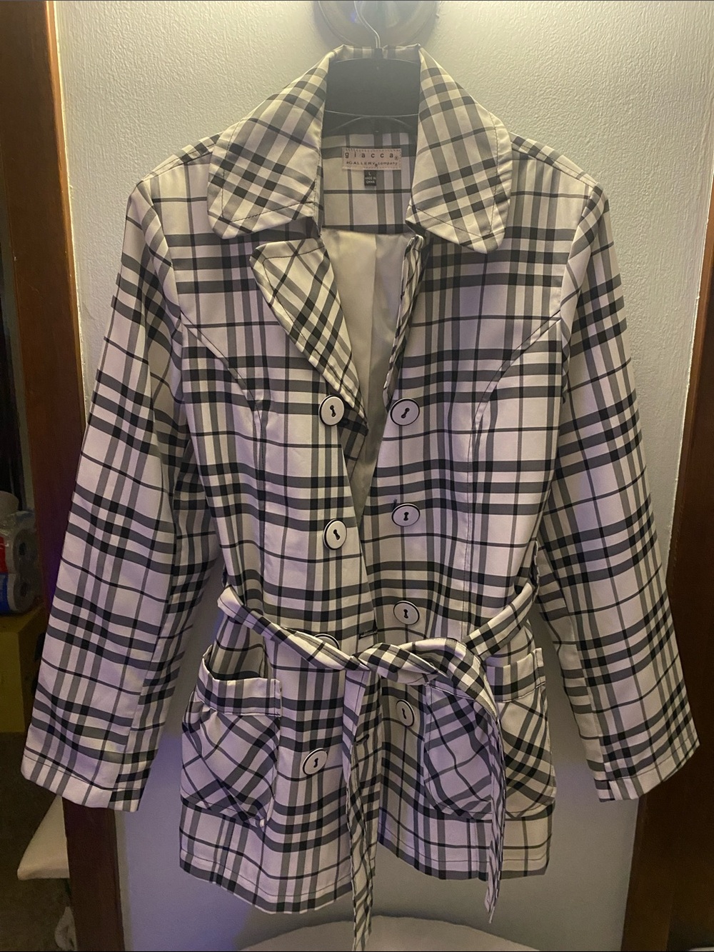Plaid Belted Trench Coat - Black & White